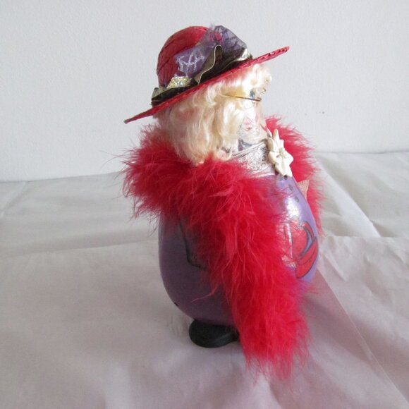 Handcrafted Red Hat Society Lady with Feather Boa Decorative Doll Gourd Figure - Picture 4 of 11